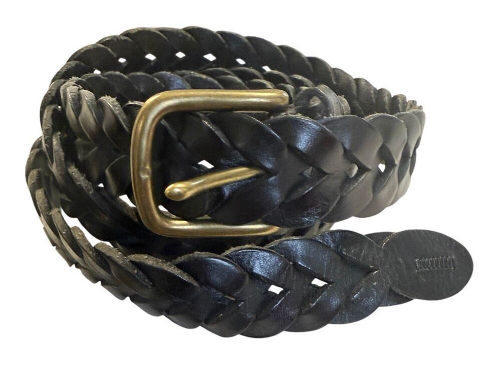 Polo Ralph Lauren Braided Leather Belt Sz. 42 Adjustable Brass Buckle Black Prep